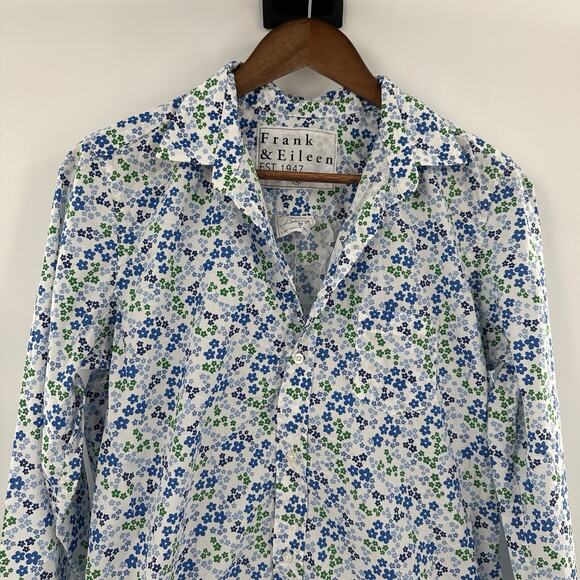 Frank Eileen Shirt Top Womens Medium Blue Floral Ditzy Button Barry Cottage - Picture 2 of 13